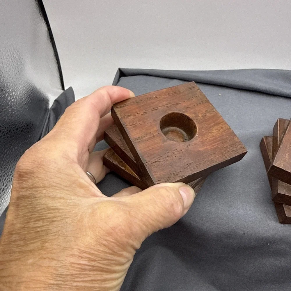 Wood Square Stacked Handmade  Candle Holder Set Of  Two 3.5 X1.5